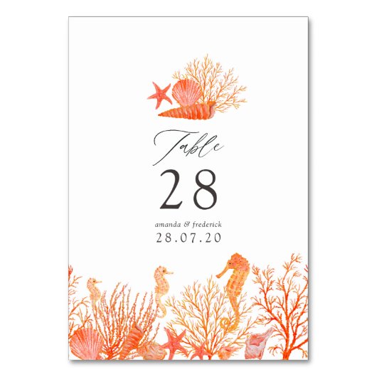 Numéro De Table Mariage de plage au corail vivant à l'aquarelle (Par défaut)