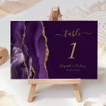 Numéro De Table Mariage de prune d'agate d'or violet<br><div class="desc">Le bord gauche de cette élégante carte de numéro de table mariage moderne comporte une bordure d'aquarelle violette ornée d'une parties scintillant en faux or. Le texte personnalisable combine écriture manuscrite couleur or,  et polices italique et cuivre sur un riche arrière - plan de prune.</div>