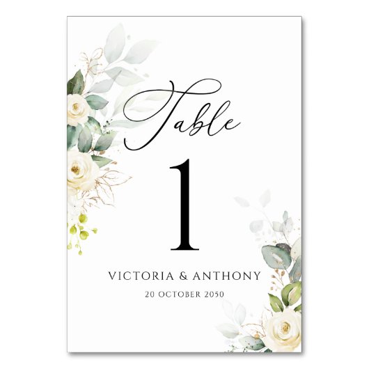 Numéro De Table Mariage de roses blanches vertes Numéros de tablea (Dos)