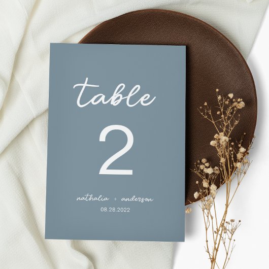 Numéro De Table Mariage de script bleu Dusty