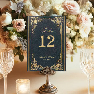 Numéro De Table Mariage de script élégant Vintage d'or bleu