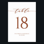Numéro De Table Mariage de script minimaliste en terre cuite<br><div class="desc">Ajoutez une élégante terre cuite et un accent blanc à votre événement avec ces cartes personnalisables de numéros de table. Il comprend un script de calligraphie simple et une typographie classique. Personnalisez en ajoutant des noms, des dates et des numéros de table. Cette carte de numéro de table en terre...</div>