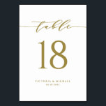 Numéro De Table Mariage de script minimaliste Gold<br><div class="desc">Ajoutez un accent or et blanc élégant à votre événement avec ces cartes personnalisables de numéros de table. Il dispose d'un script de calligraphie simple or mat et d'une typographie classique. Personnalisez en ajoutant des noms, des dates et des numéros de table. Cette simple carte de numéro de table de...</div>