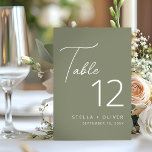 Numéro De Table Mariage de script moderne élégant Sage Green<br><div class="desc">Numéro de table moderne et élégant,  vert sauge avec script de calligraphie et numéro de table de typographie moderne. Idéal pour les mariages ou vos prochaines occasions spéciales.</div>