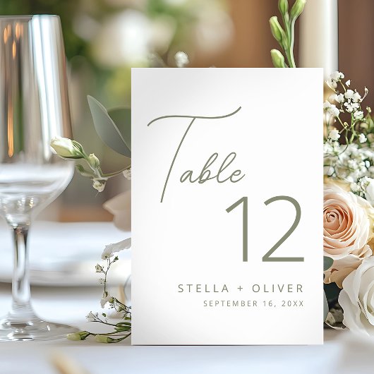 Numéro De Table Mariage de script moderne élégant Sage Green