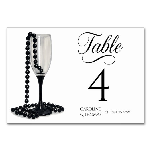 Numéro De Table Mariage de verre de champagne Black & White Pearl (Devant)