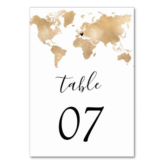 Numéro De Table Mariage Destination World Map Gold Removable Heart (Dos)