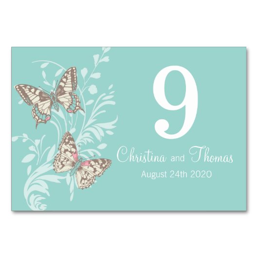 Numéro De Table Mariage deux papillons graphiques nom date aqua (Dos)