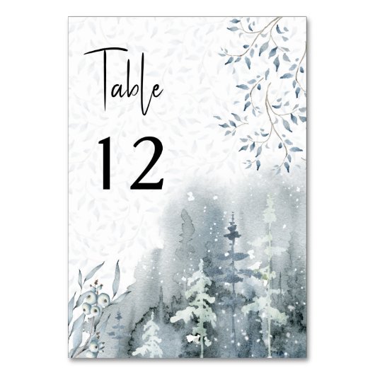 Numéro De Table Mariage d'hiver Aquarelle Forêt de neige modifiabl (Dos)