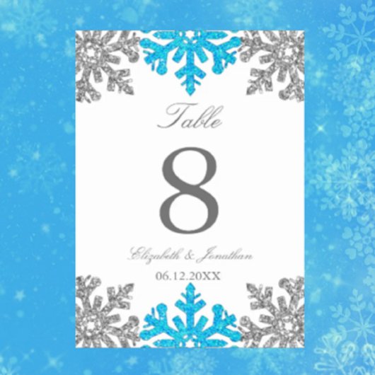Numéro De Table Mariage d'hiver flocon de neige bleu argenté