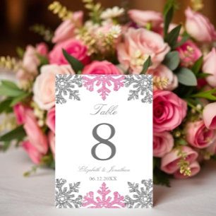 Numéro De Table Mariage d'hiver Silver Pink Snowflake