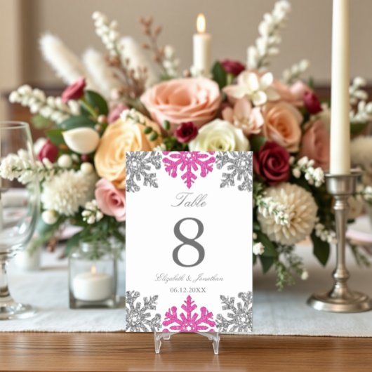 Numéro De Table Mariage d'hiver Silver Pink Snowflake