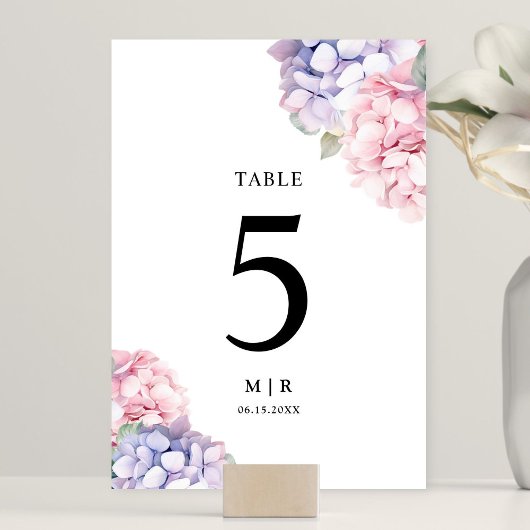 Numéro De Table Mariage d'Hydrangée rose pâle et pourpre