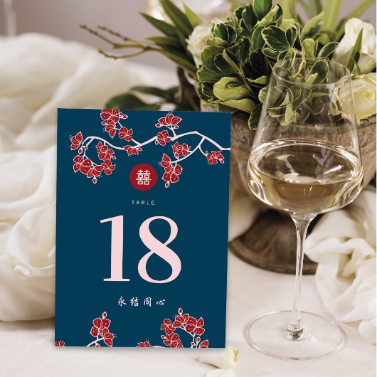 Numéro De Table Mariage Double Bonheur Fleurs de Pêcher/Prunier