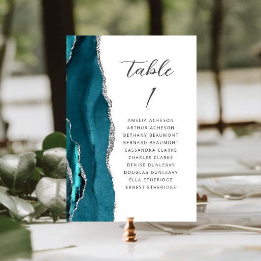 Numéro De Table Mariage écriture moderne bleu sarcelle argenté Aga