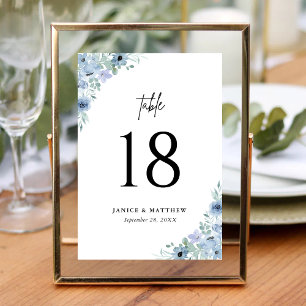 Numéro De Table Mariage Élégant aux Fleurs Bleu Poussiéreux