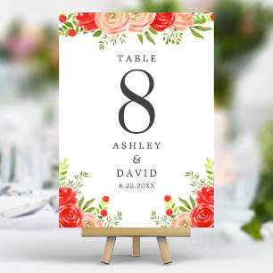 Numéro De Table Mariage Élégant aux Fleurs Roses et Rouges