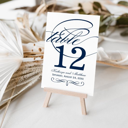 Numéro De Table Mariage élégant avec calligraphie bleu marine