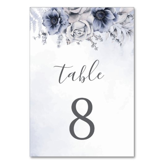 Numéro De Table Mariage Élégant Bleu Dusty Et Floral Navy (Dos)