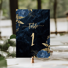 Numéro De Table Mariage élégant bleu marine or floral