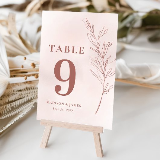 Numéro De Table Mariage Élégant Boho Pink à feuilles minimes