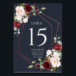 Numéro De Table Mariage élégant en cuivre géométrique bordeaux ble<br><div class="desc">Moderne et tendance, cette carte mariage de numéro de table présente une géométrie en faux cuivre agrémentée d'une aquarelle de verdure eucalyptus et d'arrangements floraux bordeaux et roses, sur une texture bleu marine moderne. Tout le texte est dans des couleurs rose pâle et blanc assorties, et le design est le...</div>