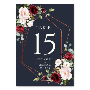 Numéro De Table Mariage élégant en cuivre géométrique bordeaux ble