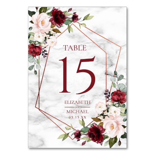 Numéro De Table Mariage élégant en marbre bordeaux de cuivre géomé (Par défaut)