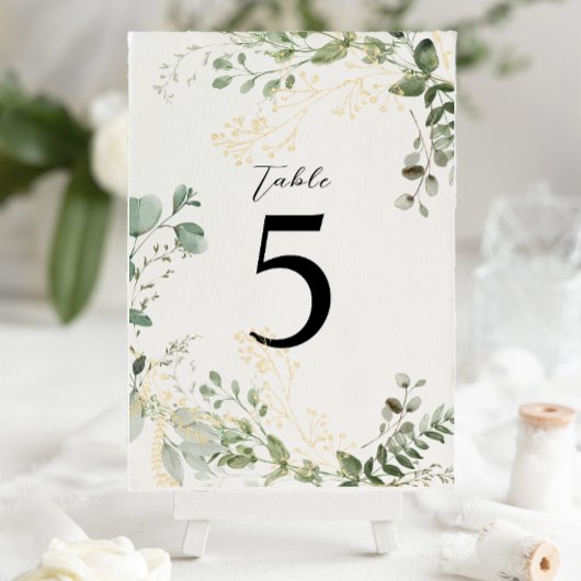 Numéro De Table Mariage Élégant Eucalyptus Or et Verdure