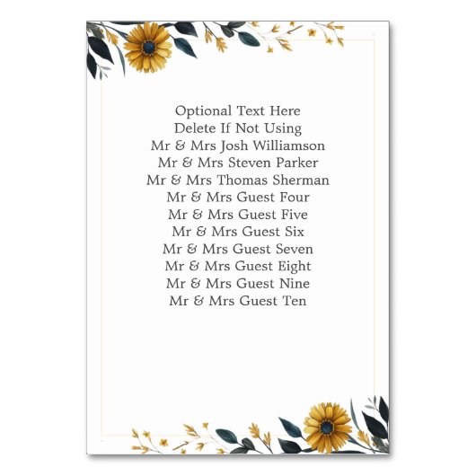 Numéro De Table Mariage élégant Fleur sauvage jaune bleu (Dos)