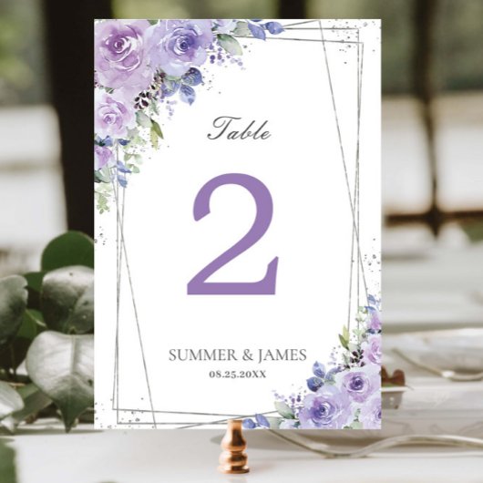 Numéro De Table Mariage Élégant Fleur Violet Lilas Argent