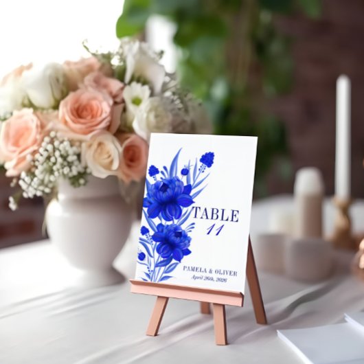 Numéro De Table Mariage Élégant Fleurs Bleues