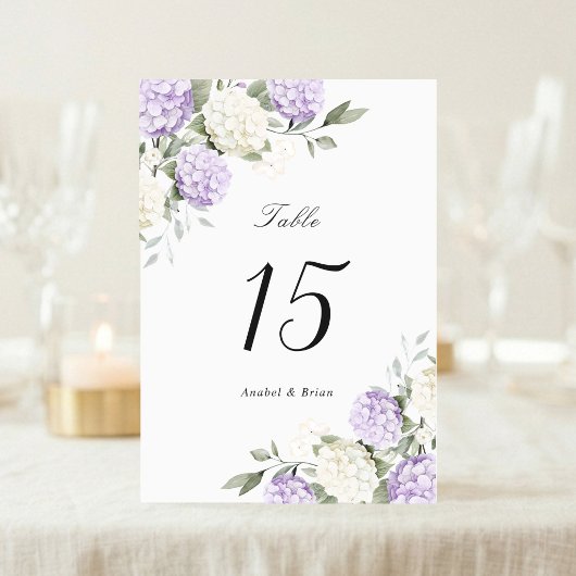 Numéro De Table Mariage Élégant Fleurs Hydrangea Violet Verdure