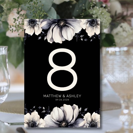 Numéro De Table Mariage Élégant Fleurs Noires