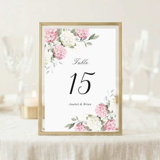 Numéro De Table Mariage Élégant Fleurs Roses Hydrangea Verdure