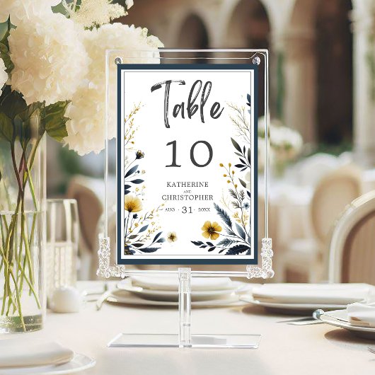 Numéro De Table Mariage élégant Floral Jaune bleu