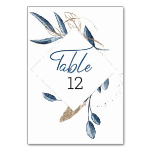 Numéro De Table Mariage Élégant Floral Moderne Or Bleu