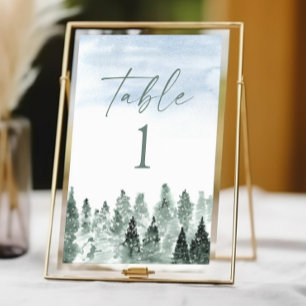 Numéro De Table Mariage Élégant Hiver Neige Pins Verts