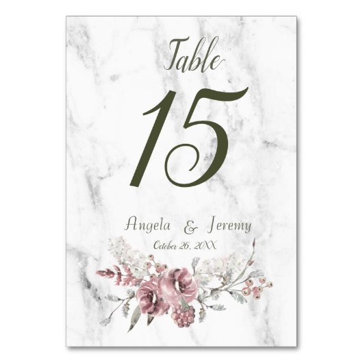 Numéro De Table Mariage Élégant Marbre Floral Aquarelle (Dos)