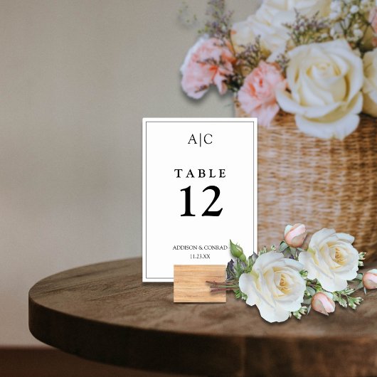 Numéro De Table Mariage Élégant Monogramme Blanc