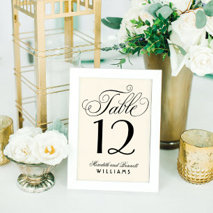 Numéro De Table Mariage Élégant Monogramme Script Ivoire Noir