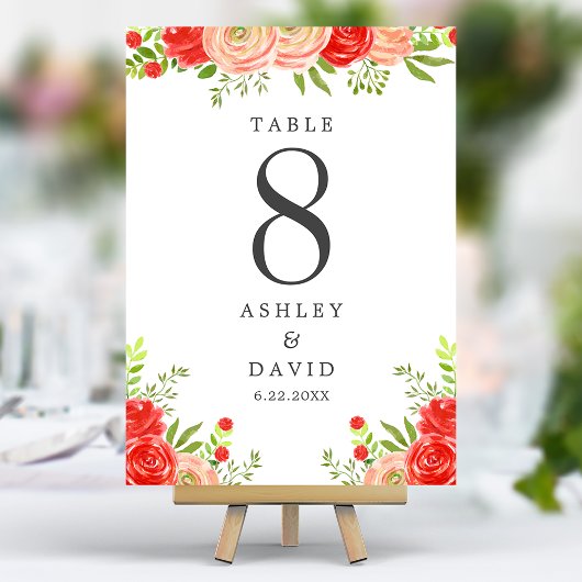 Numéro De Table Mariage Élégant Rose Et Rouge Floral