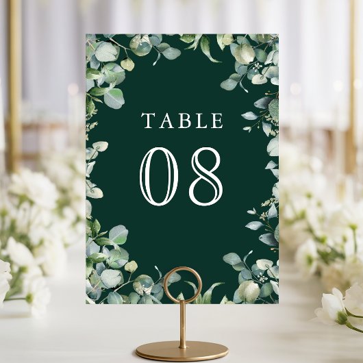Numéro De Table Mariage Émeraude Vert Moderne Eucalyptus Verdure