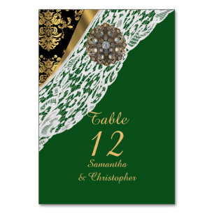 Numéro De Table Mariage en dentelle blanche noir vert et or damass