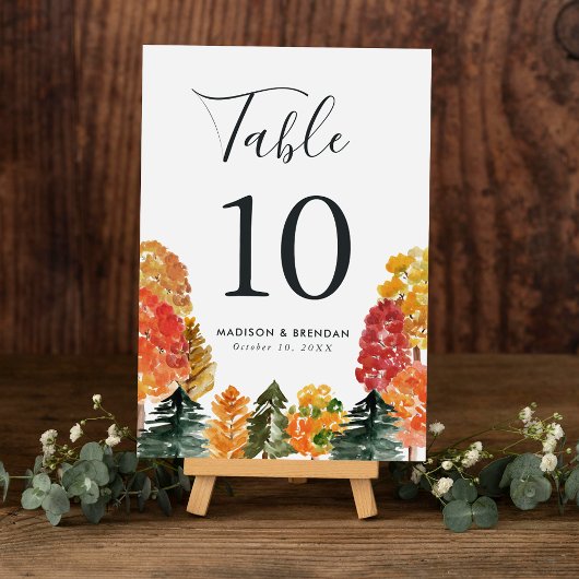 Numéro De Table Mariage en forêt automnale rustique