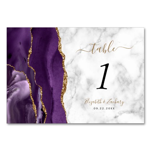 Numéro De Table Mariage en marbre d'agate d'or violet (Devant)