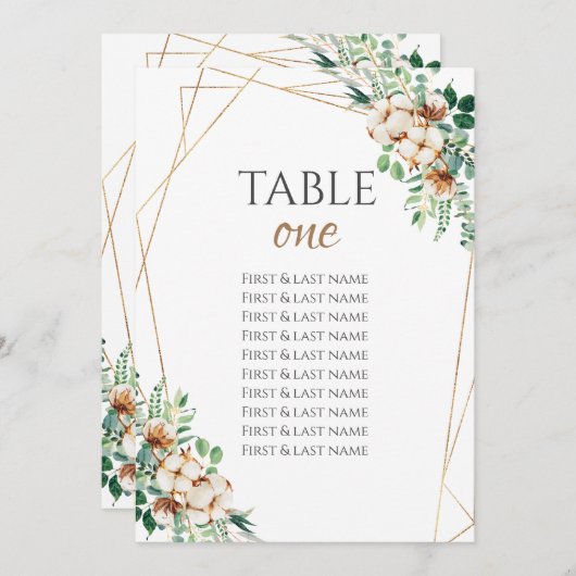 Numéro de table mariage Eucalyptus & Coton (Devant / Derrière)