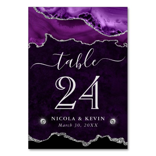 Numéro De Table Mariage Faux Paillettes Agate Violet et Argent (Par défaut)