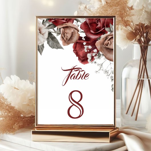 Numéro De Table Mariage Fleur de Roses Rouge Bourgogne