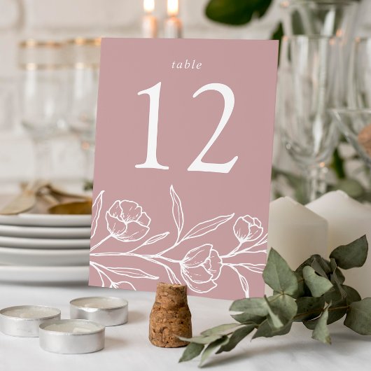 Numéro De Table Mariage Fleur Esquisée Rose Poussiéreuse